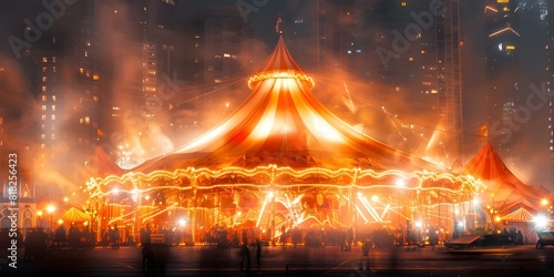 Festive circus tent against city backdrop with people lights and entertainment. Concept Circus Tent, Festive Decor, Urban Backdrop, City Lights, Entertainment