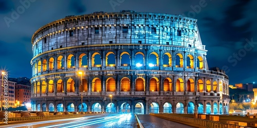 Nighttime view of illuminated Colosseum iconic Italian landmark in Rome. Concept Travel Photography, Colosseum, Nighttime View, Italian Landmark, Rome