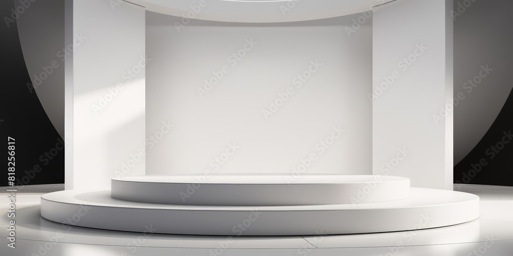 A sleek white podium on a smooth reflective surface bathed in soft light from above designed to highlight a luxury product elegantly placed at its center Theme Product showcase A sleek white podium on a smooth reflective surface bathed in soft light from above designed to highlight a luxury product elegantly placed at its center Theme Product showcase