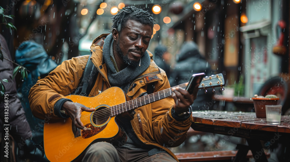 Obraz premium Musician Serenading on Busy Street