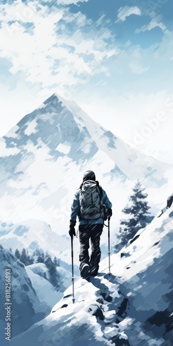 Winter ascent depicted with a group's silhouette on a snowy mountain