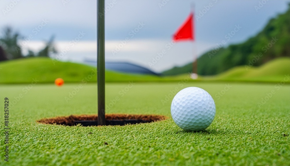 Obraz premium White golf ball almost falling in to hole in one