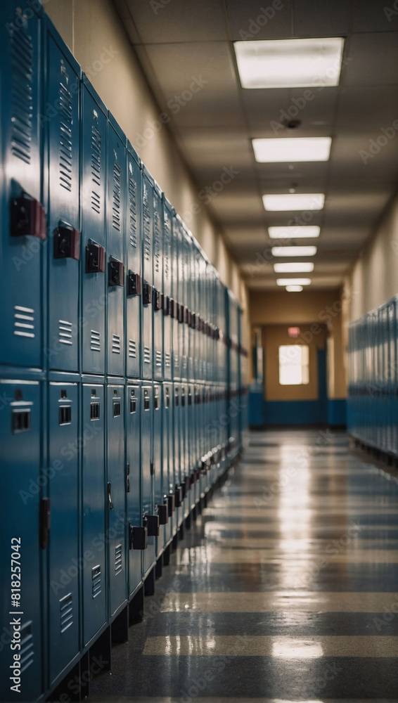 Quiet Campus, Empty School Corridor Lined with Lockers