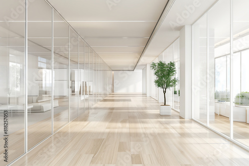 Spacious modern office interior featuring glass partitions  wooden floors  and abundant natural light. A potted plant adds a touch of greenery to the sleek  minimalist design