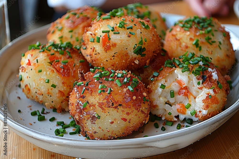 Fototapeta premium Arancini: Golden-fried rice balls with a crisp exterior and a cheesy, meaty filling visible inside