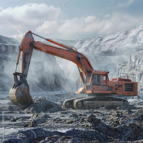 D Rendering of Excavator in Action Extracting Minerals at a Dusty Mining Site