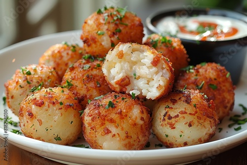 Arancini: Golden-fried rice balls with a crisp exterior and a cheesy, meaty filling visible inside © Nico