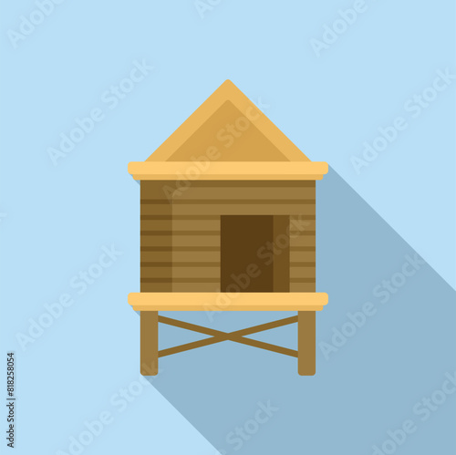 Illustration of a simple wooden lifeguard hut on a blue background, depicted in a flat design style