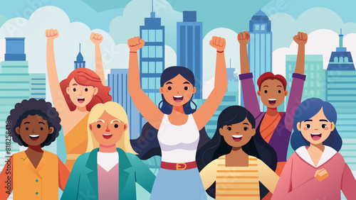 Diverse Group of Women Celebrating Unity in Urban Setting. Vector illustration of Women's Equality Day