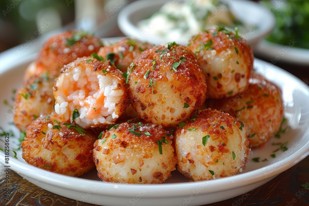 Fototapeta premium Arancini: Golden-fried rice balls with a crisp exterior and a cheesy, meaty filling visible inside