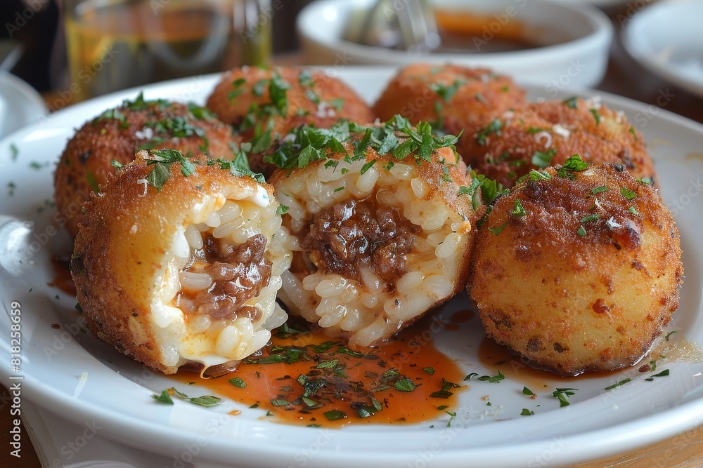 Arancini: Golden-fried rice balls with a crisp exterior and a cheesy, meaty filling visible inside Arancini: Golden-fried rice balls with a crisp exterior and a cheesy, meaty filling visible inside