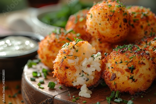 Arancini: Golden-fried rice balls with a crisp exterior and a cheesy, meaty filling visible inside