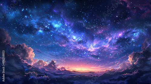 Fantasy Starry Night Sky in Blue and Purple A Magical Journey Through Celestial Colors and Dreamlike Landscapes