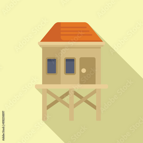 Cartoon illustration of a colorful stilt house on wooden pilings, elevated above a tropical coastal zone, providing safe and floodresistant living