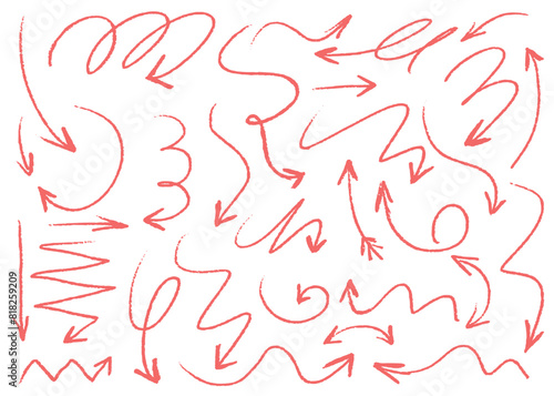 Red charcoal hand draw arrows collection. Brush strokes, artistic grunge vector arrows