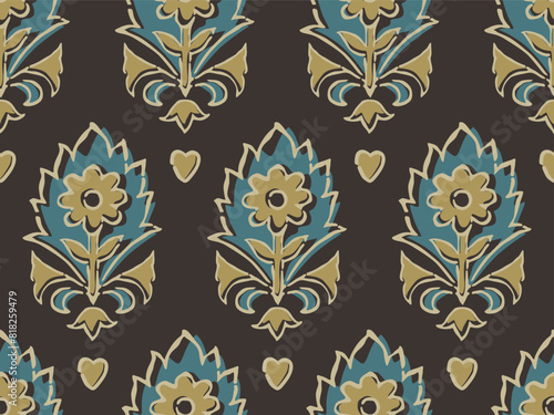SPRIG FLORAL AJRAKH PATTERN AND BLOCK PRINT PATTERN BATIK PRINT BACKGROUND DIGITAL PRINTING TEXTILE PATTERN