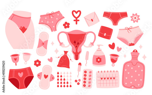 Menstrual period set. Female period products - tampon, pads, menstrual cup, panties, monthly calendar, pills. Female hygiene. Vector illustration in flat style