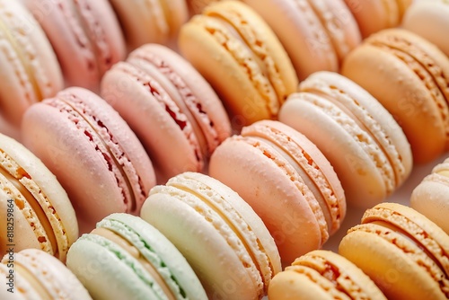 Colorful Macaroons sweet cakes set. Many assorted different pastel colours french macarons cookies. Food banner for menu, boutique, store. Pastry shop card. Copy space. Confectionery, cafe, restaurant