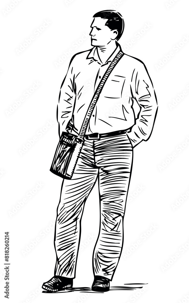 Man alone, white shirt, casual,standing, looking,waiting outdoor, city dweller, realistic, sketch doodle,vector hand drawing isolated on white Man alone, white shirt, casual,standing, looking,waiting outdoor, city dweller, realistic, sketch doodle,vector hand drawing isolated on white