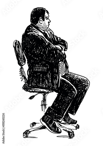Man overweight alone, costume, sitting, profile,chair,office,boss, resting,realistic, sketch,vector hand drawn illustration isolated on white