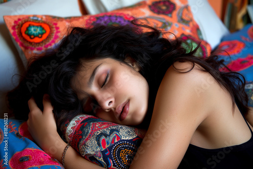 young black haired woman sleeping in colorful pillowes on a bed or couch. comfortable, resting, relaxing