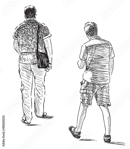 Men pedestrians, casual citizens, back view, walking outdoors, realistic, summer,vector hand drawn illustration isolated on white