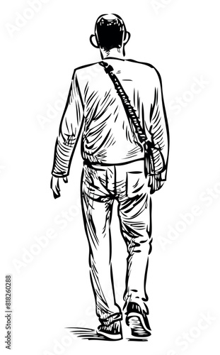 Man alone,casual,pedestrian,back view, walking,outdoor,city dweller,going away,realistic,sketch,vector hand drawing isolated on white