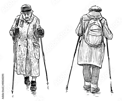 Senior women, old people, two, norwegian walking, sticks, active,healthy life, realistic, sketch,vector hand drawn illustration, isolated on white