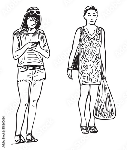 Women two, standing, looking at phone, modern, young people, bags,waiting,summer, outdoor, city dwellers, realistic, sketch doodle,vector hand drawing isolated on white