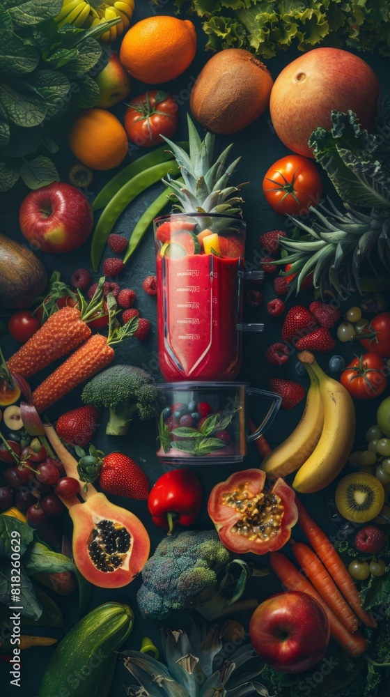 Blender with a red liquid surrounded by fruits and vegetables, diet plan concept 