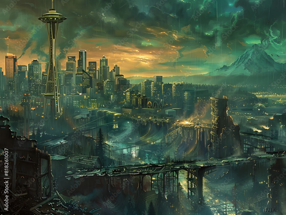 Alien City Skyline at Dusk with UFOs Alien City Skyline at Dusk with UFOs
