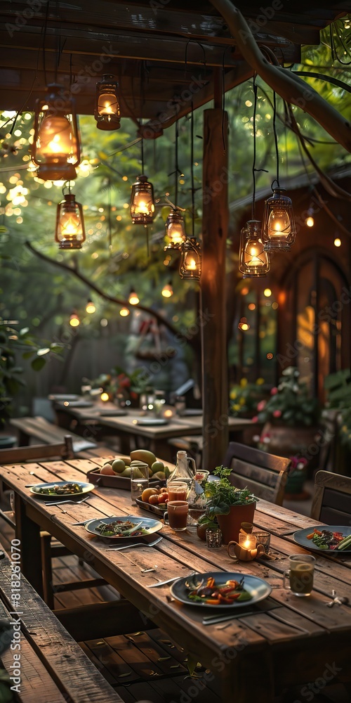 Festive Garden Dinner Table with Garlands at Dusk Festive Garden Dinner Table with Garlands at Dusk