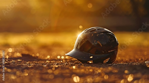 A single baseball helmet on a pitcher's mound, sunlight casting shadows. Background: golden yellow. 8k, realistic, full ultra HD, high resolution and cinematic photography photo