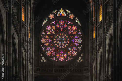 Stained glass rosetta window in Gothic cathedral