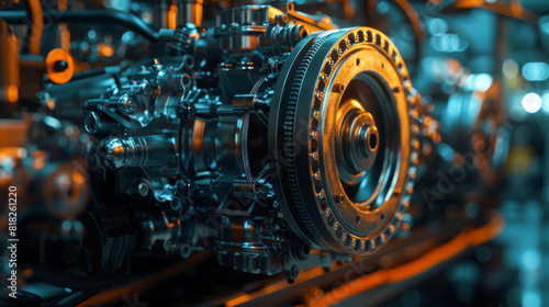 A detailed view of complex industrial machinery, showcasing gears and mechanical parts in a factory setting.