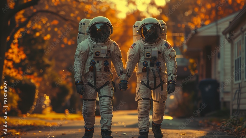 two astronauts walking hand in hand on the street .Generative AI two astronauts walking hand in hand on the street .Generative AI