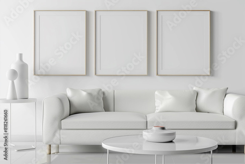 Modern 3D-rendered space with three frames on a bright white wall, ivory minimalist sofa, and white lacquer table. photo