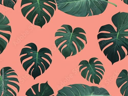 portrait of palm leaves and philodendron on a blank background for summer. Tropical leaves monstera and philodendron on pink color background minimal summer. Copy space