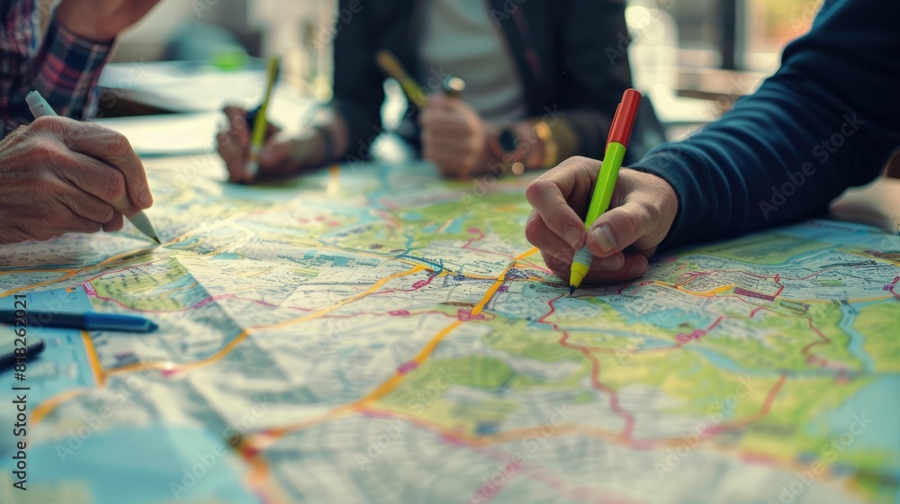 Fototapeta premium Logistics Planning Depict a team planning logistics using a large map and markers