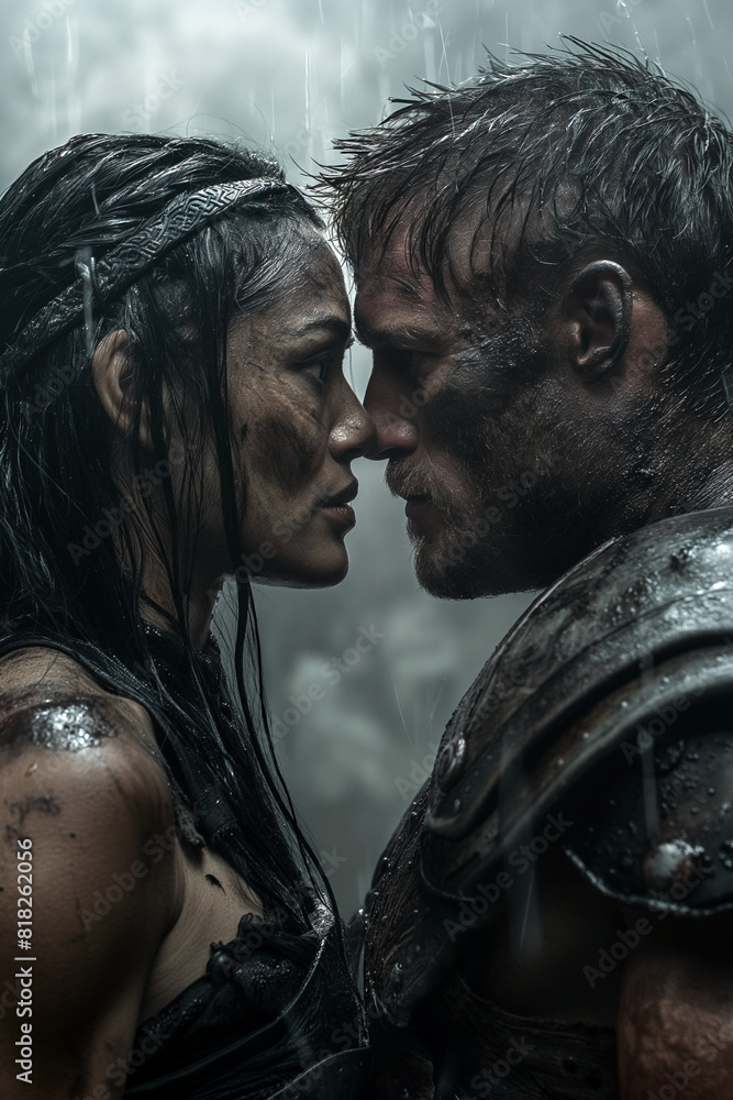 Warlike medieval fantasy couple in the rain in intense confrontation Warlike medieval fantasy couple in the rain in intense confrontation