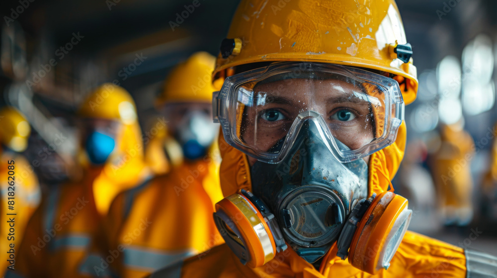 Close-up of a male industrial worker in a yellow helmet and gas mask, with colleagues in the background. Close-up of a male industrial worker in a yellow helmet and gas mask, with colleagues in the background.
