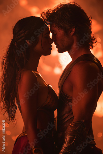 warring fantasy couple standing very close foreheads almost touching in an epic fantasy setting, emotional, love,