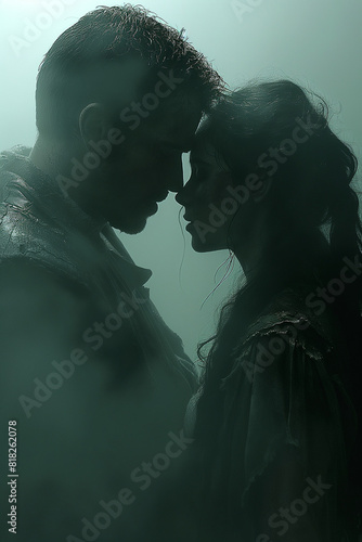 beloved medieval fantasy couple in the rain in intense confrontation