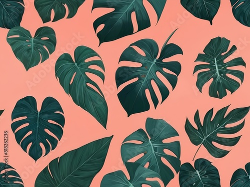 portrait of palm leaves and philodendron on a blank background for summer. Tropical leaves monstera and philodendron on pink color background minimal summer. Copy space