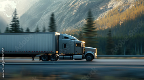 Silver american truck in motion on mountain highway