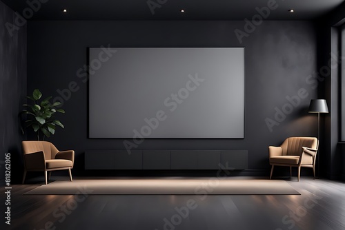  empty screen in a living room interior on an empty dark wall background design,3D rendering 