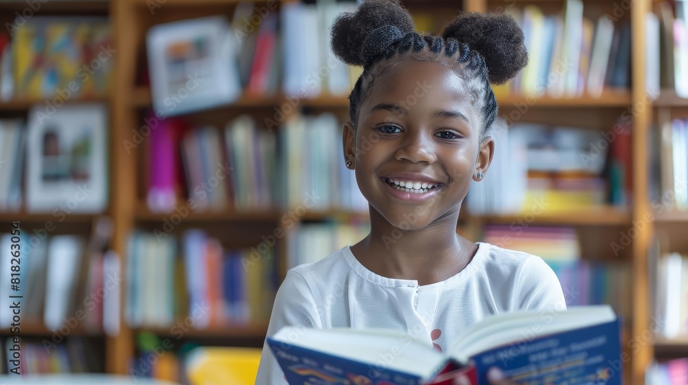happy african american schoolgirl reading book in classroom library inclusive education happy african american schoolgirl reading book in classroom library inclusive education
