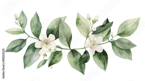 Fototapeta Naklejka Na Ścianę i Meble -   Watercolor plant with green leaves and white flowers isolated on a transparent background