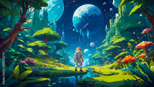Highly detailed illustration of an astronaut exploring a new and vibrant planet low poly art
