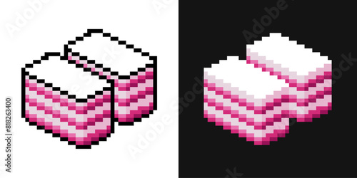 Pixel illustration of pink rose coconut kuih lapis with and without outline